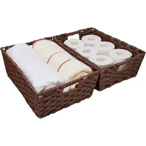 Large Wicker Storage Basket, Metal Frame, Set of 2, Washable , 15" x 10.3" x 5.2", Brown Color, Woven Basket for Pantry, Toilet, Bathroom, Bedroom, Patio