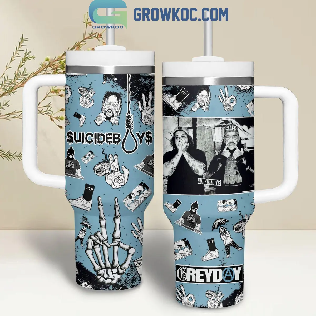 $uicideboy$ Grey Day 40oz Tumbler with Handle & Straw, Hip Hop Travel Mug, Rap Duo Fan Gift, Grey Day Cup, Underground Rap Tumbler, $uicideboy$ Music Gift, G59 Fans