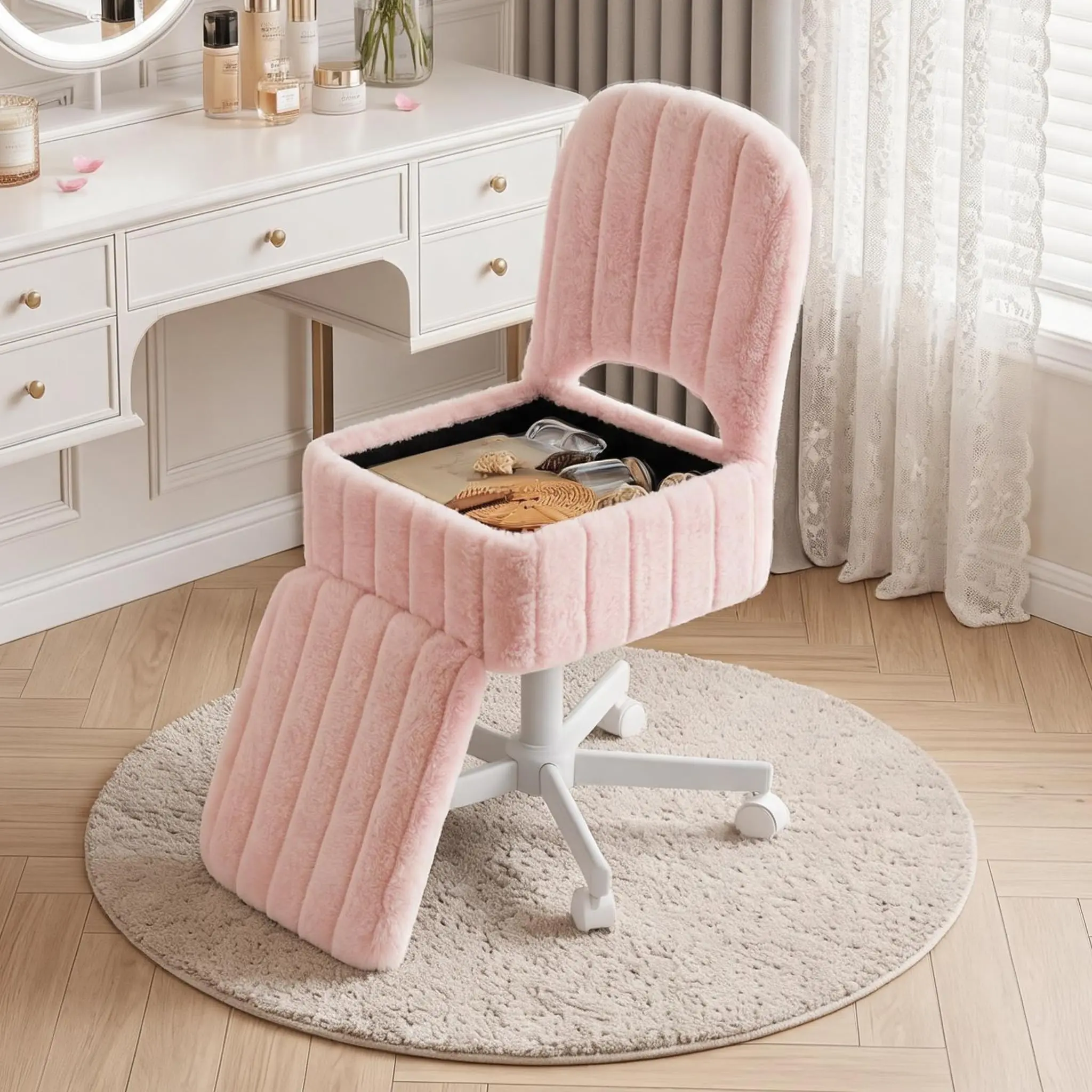 Vanity Stool Chair with Storage and Folding Back, Height Adjustable Lift Ottoman with 360° Swivel and Quiet Wheels, Soft Faux Fur Seat Stool, Vanity Chair Stool with Storage and Folding Back, Height Adjustable with Quiet, Vanity Chair With Wheels