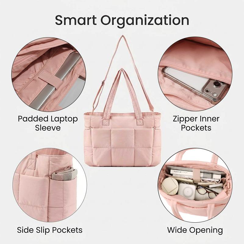 Quilted Laptop Tote Bag for Women, Womens Tote Bag,Work Tote with Luggage Strap, Multi Pocket Travel Shoulder Bag with Adjustable Strap for School Office Daily Commute