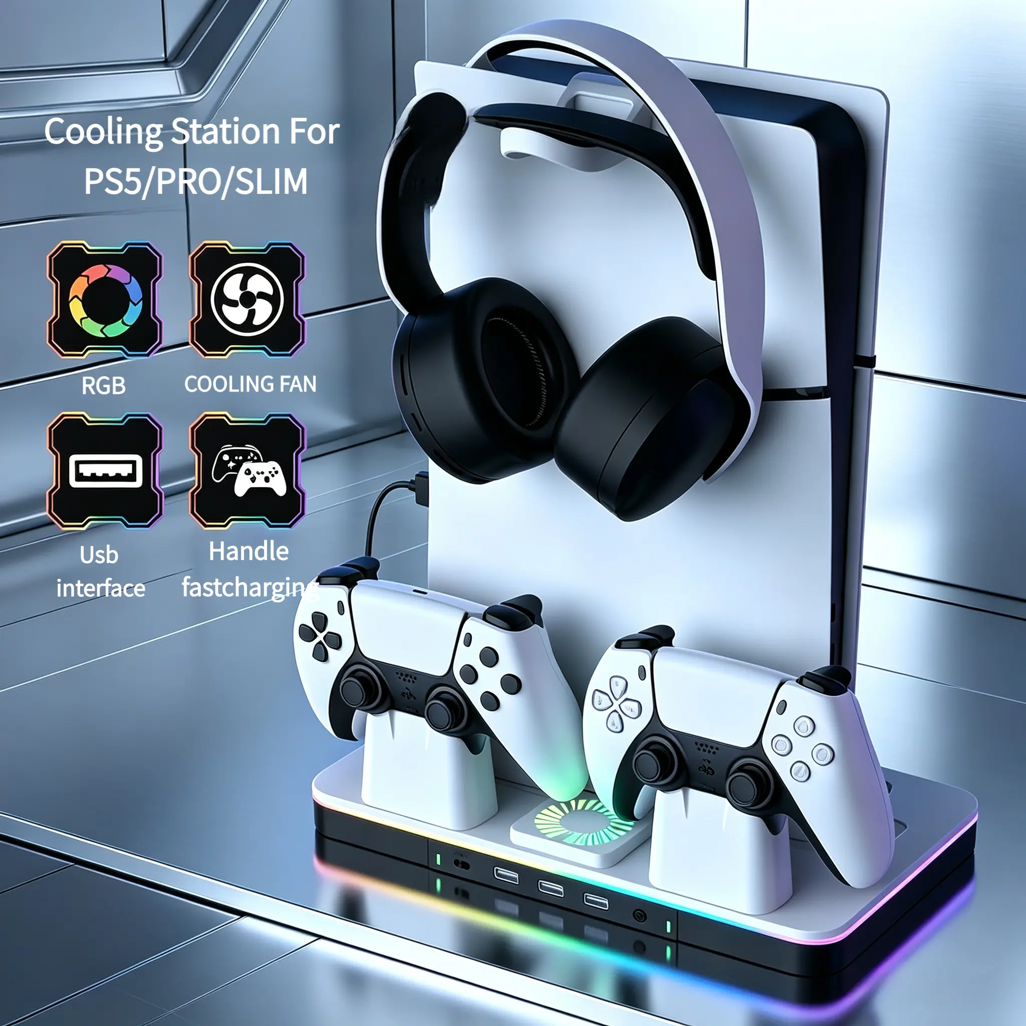 PS5 Cooling Station & Stand for Slim/Pro, Gaming Console Accessories with 2-Slot Dual Controller Charging Dock,coling system,coling fan,stop PS5 overheating 3-Speed Quiet Cooler Fan, LED Light Indicator, Headset Holder, Holiday Gift for PS5 Players