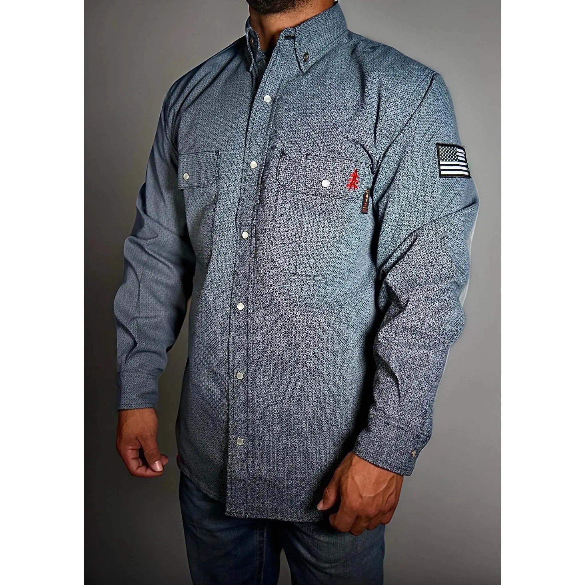 FR Pearl Snap Work Shirt - Forged Gray - With U.S Flag