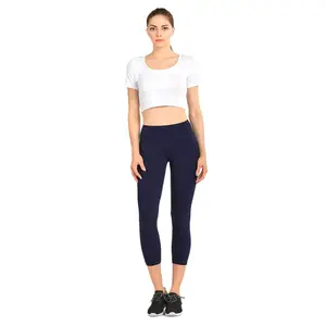 Navy Cotton Capri Women's Essential Leggings - Sized Large - U.S. 12 - Minimalist Style, Breathable Fabric, 3/4 Length, All Seasons Comfort, Casual Wear