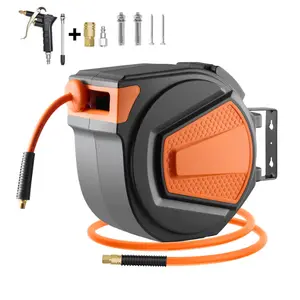 VEVOR Retractable Air Hose Reel 3/8IN x 65FT Hybrid Air Hose Max 300PSI Air Compressor Hose Reel Auto-Rewind with 6.6 FT Lead in Ceiling/Wall Mount Enclosed PP Reel and Built-in 180° Swivel Bracket