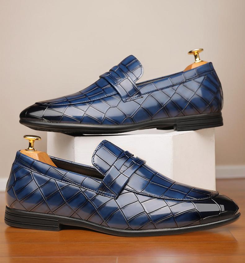 Men's Blue Croc-Embossed Penny Loafers, Formal Slip-On Leather Shoes38696