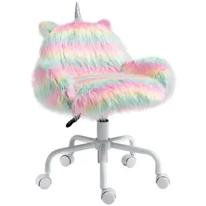 Colorful Fluffy Unicorn Swivel Office Chair with Rainbow Design and Comfortable Armrests