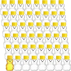 48 Pcs 2 oz Plastic Honey Bear Bottle Clear Empty Honey Containers Bulk Reusable Mini Cup Jars with Lids Juice Bottle for Holidays Baby Shower Gifts(Yellow)