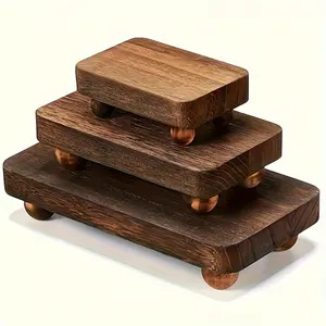 3pcs Brown Wooden Risers Set, Stackable Rustic Farmhouse Kitchen Display Pedestal Stand, 3 Sizes (8x4.3, 6x3.5, 4x2.8 Inches), No Power Required, Home & Kitchen Decor Organiser Racks Room Fire Color