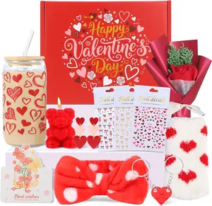 Valentines Day Gifts for Her Basket - 11Pcs Valentines Basket for Women, Red Gifts Box with 20 oz Tumbler with Lid, Rose & Red Heart Keychain for Mom Teacher Wife Daughter Teen Girls Girlfriend