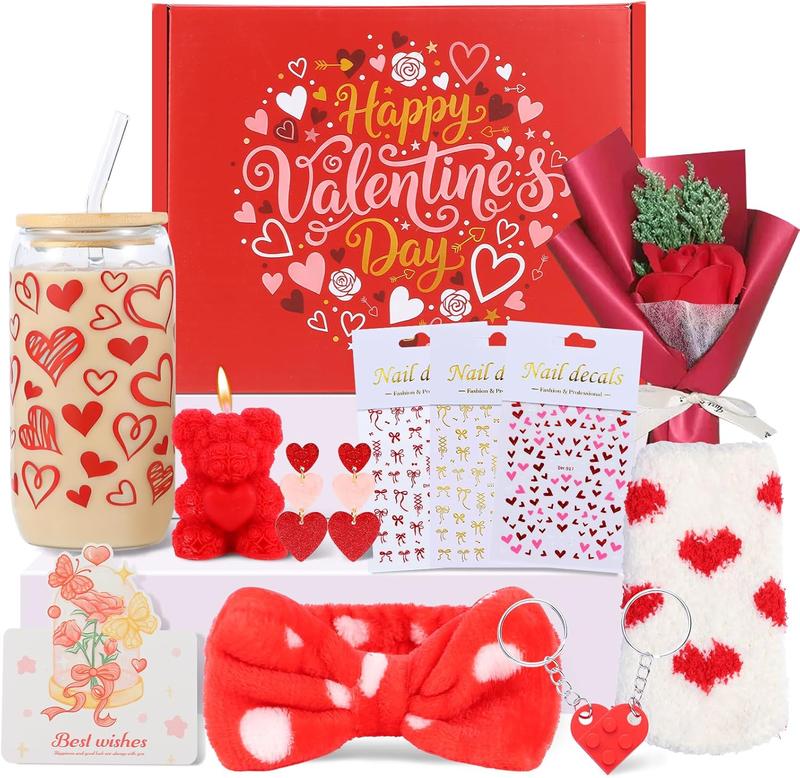 Valentines Day Gifts for Her Basket - 11Pcs Valentines Basket for Women, Red Gifts Box with 20 oz Tumbler with Lid, Rose & Red Heart Keychain for Mom Teacher Wife Daughter Teen Girls Girlfriend