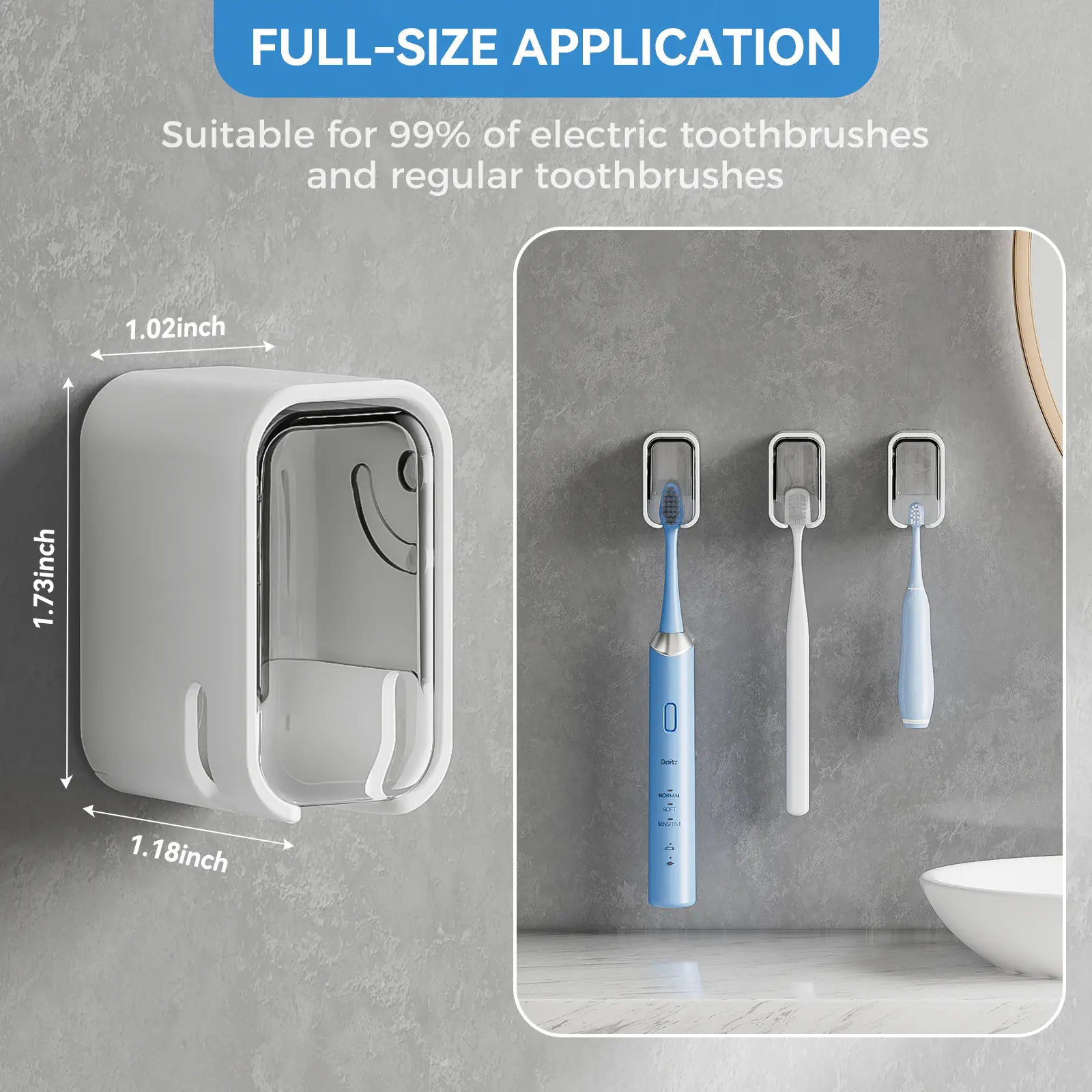 GONGQIN Wall Mounted Electric Toothbrush Holder for Bathroom, Self Adhesive No Drill Toothbrush Organizer with Dustproof Cover, Quick Drain Removable Storage for Electric & Manual Toothbrushes