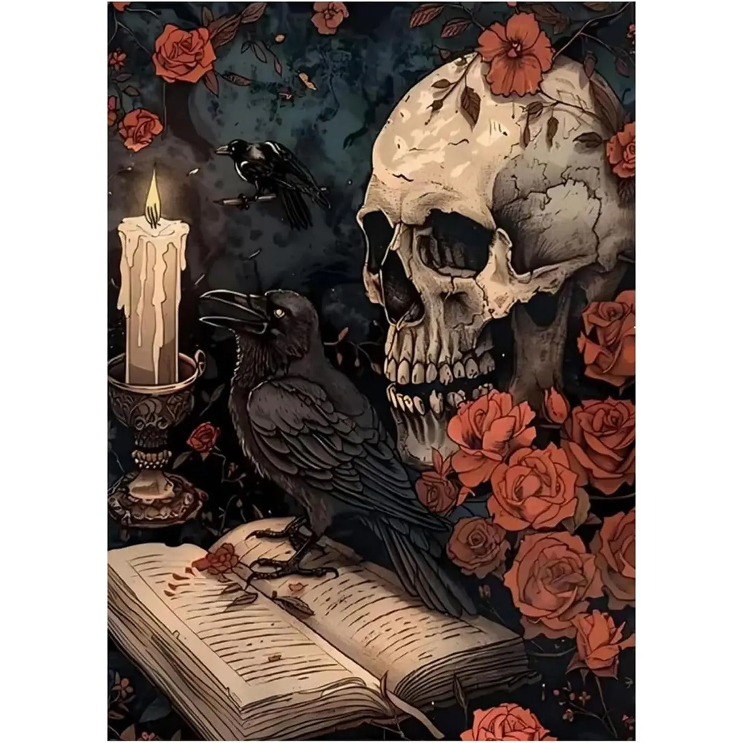 Square Drill 5D Diamond Painting Kit Gothic Skull With Red Roses Vintage Open Old Book Dark Moody Floral Skeleton Dark Academia Crystal Rhinestone Wall Decor Gift