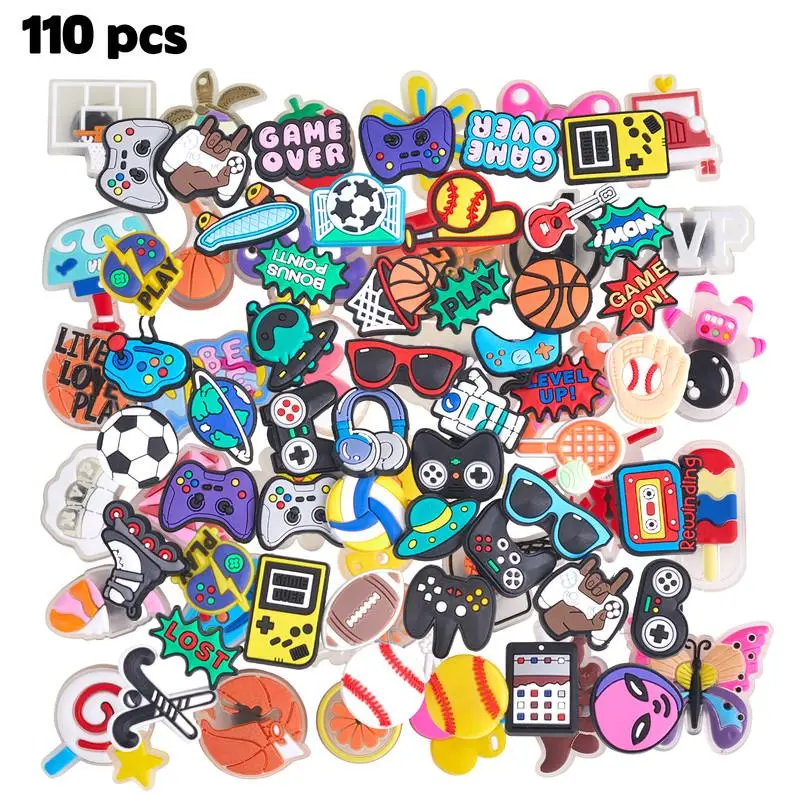 110PCS Sport Gamer PVC Shoe Charms Mixed 60 Sports Game +50 Random Luminous, Game Controllers Multisport Glow-In-The-Dark Cartoon Patterns, Bendable PVC Charms for Clogs Wristbands DIY, Stylish Trinkets as Party Handouts for Game & Sports Fans