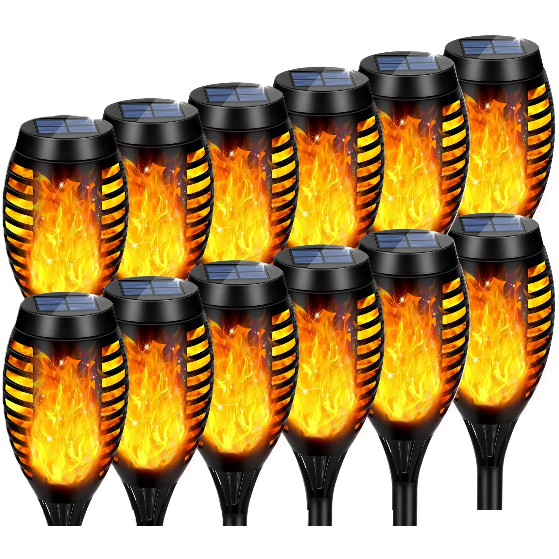 12-Pack Solar Flame Torch Lights, Outdoor Novelty Decorative Lights with 10s Snap Install, ABS Plastic, 400mAh Day/Night Auto On/Off, Waterproof, Wireless, 20H Summer Working Time for Patio, Yard Home Improvement