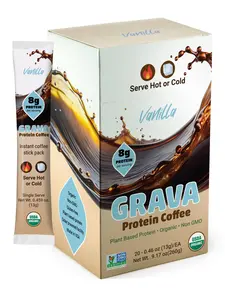 Grava Organic Plant Protein Coffee Sticks Vanilla - 8g Plant Protein, 80mg Caffeine - Monk Fruit Sweetener - USDA Organic, Non-GMO & Fair Trade - Gluten Free & Vegan - Single Serve Packet, 20 Servings