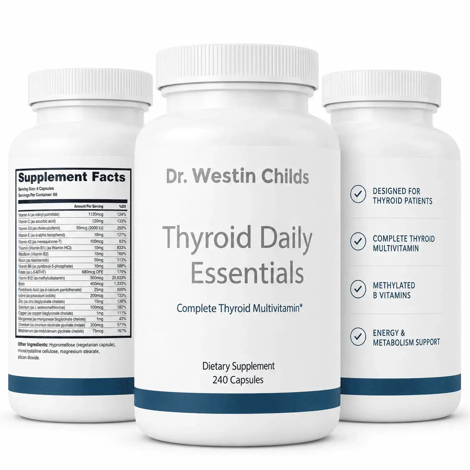 Dr. Westin Childs Thyroid Daily Essentials | 34-in-1 Multivitamin with Methylated B Vitamins, Iodine, Zinc & Selenium | 240 Capsules