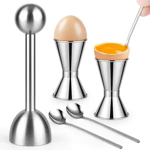 Set Of 5 Egg Cups For Soft Boiled Eggs - Includes 1 Stainless Steel Egg Cutter & 2 Egg Spoons & 2 Soft Boiled Egg Holders, Effortless & Precise Cracking For Breakfast, Afternoon Tea, Parties