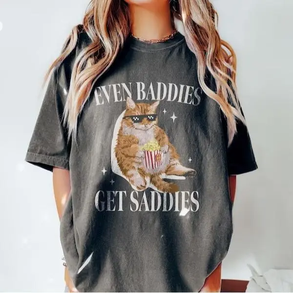 Personalize Even Baddies Get Saddies Funny Cat Meme Shirt Weirdcore Tee Ironic TShirts That Go Hard Mental Health Shirt Anxiety Depression ADHD, Clothing, Men's Clothing, Shirts & Tees, T-Shirts, Graphic Tees, Gift for Him, Gift for Her
