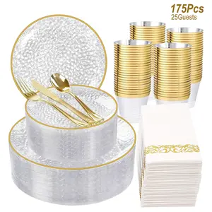 Gold/Blue/Pink/Yellow/Green Disposable Plates and Silverware Set: Dinner Plates,Dessert Plates, Cups,Napkins,Knife, forks, spoons 25 for each kind-Perfect for Party Modern Tableware Sets Dinnerware Service Set