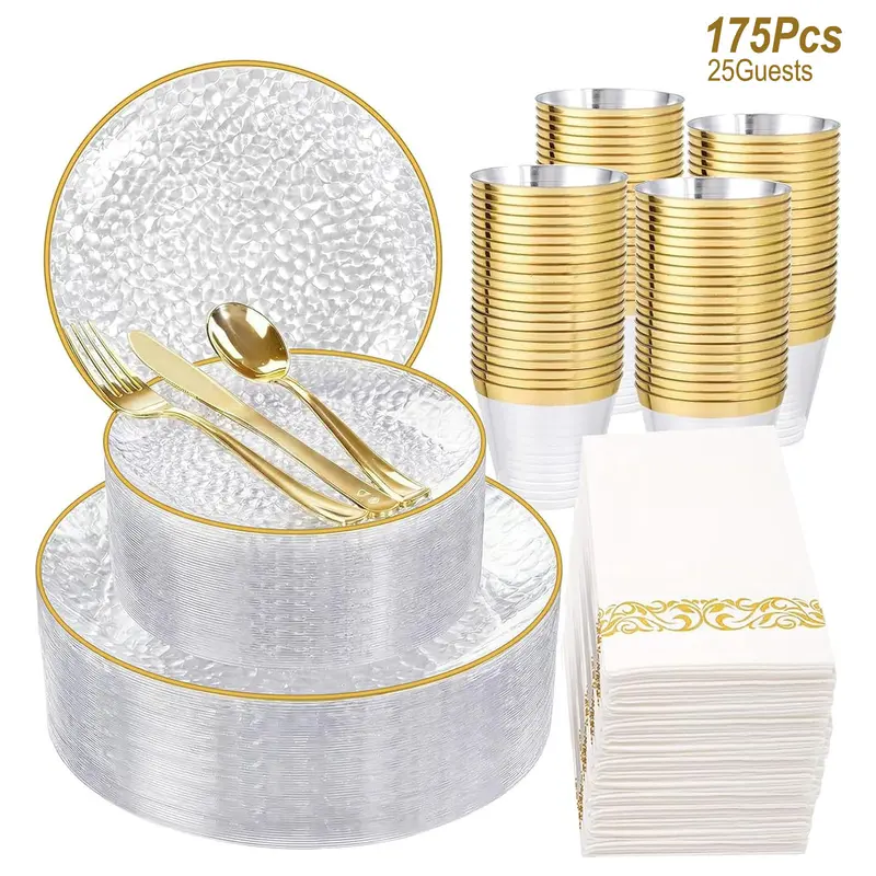 175 Pcs Plastic Dinnerware Set (25 Guests), Clear And Gold Plastic Plates, Hammered Party Plates Include Dinner Platos, Dessert Plates, Cups, Gold Cutlery Set And Napkins for Party, Dinnerware Service Set, Disposable
