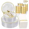175 Pcs Plastic Dinnerware Set (25 Guests), Clear And Gold Plastic Plates, Hammered Party Plates Include Dinner Platos, Dessert Plates, Cups, Gold Cutlery Set And Napkins for Party, Dinnerware Service Set, Disposable