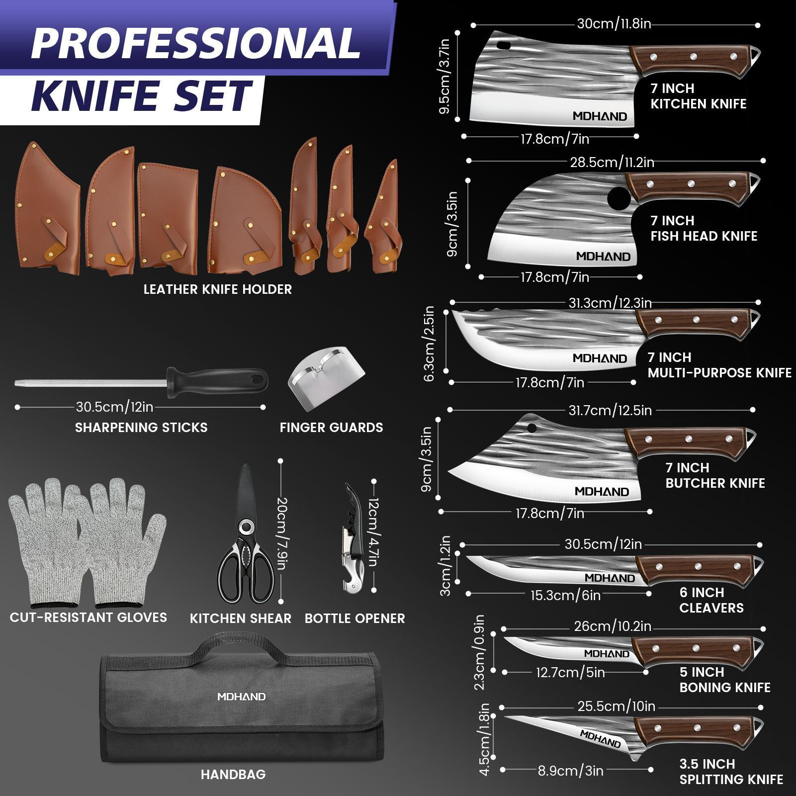 MDHAND 14pcs Chef Knife Set, Hand Forged High Carbon Steel,Includes Butcher,Meat Cleaver, Boning,and Viking Knives,with Knife Bag