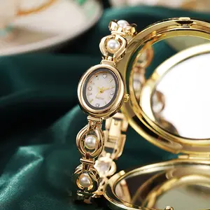 Women's Vintage Oval Dial Bracelet Watch with Pearl Decoration, Elegant Dress Watch for Daily & Formal Occasions