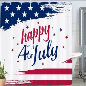 Independence Day Shower Curtain Happy 4th of July Shower Curtain Pentagram USA Flag Polyester Fabric Curtain Waterproof Bathroom Decor Set with Hooks American Festival Gifts
