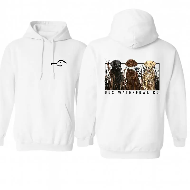 DUX WATERFOWL CO. Unisex 100% US Cotton Pullover Hoodie - Menswear Top, Sweatshirt, Casual, Soft Heavyweight Cozy, Relaxed American Fit (US Size), Vintage Outdoors Hunting, Dog Lover, Duck Hunter Waterfowl Art Graphic, White - KitchenEra