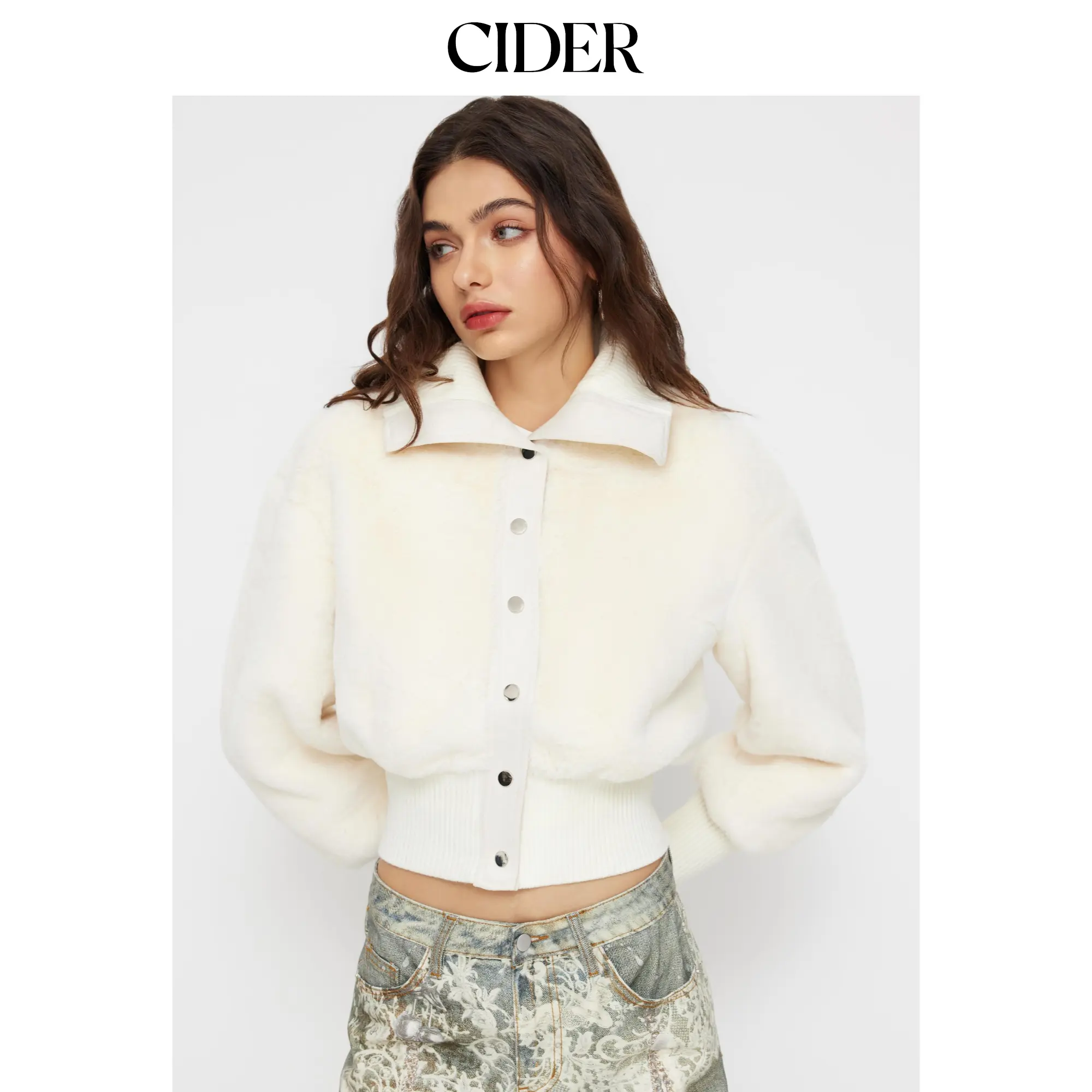 Cider Women's Jacket Casual Faux Fur Oversized, Button Up Collared Neck Long Sleeve Coat Top for Loose-Fitting Everyday Comfort