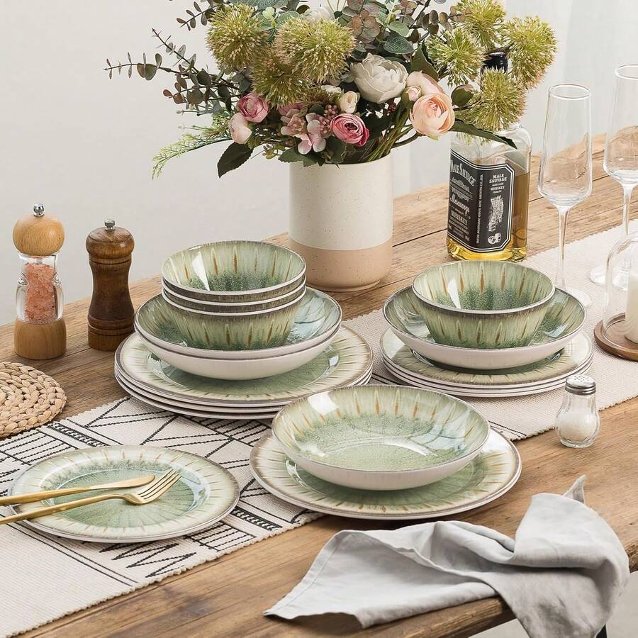 Melamine Dinnerware Set, 16 Piece 4, Unbreakable Kitchen Plastic Plates And Bowls Set, Indoor And Outdoor Use Tableware,, Dishwasher Top, Not Microwave, Not Oven(Green)