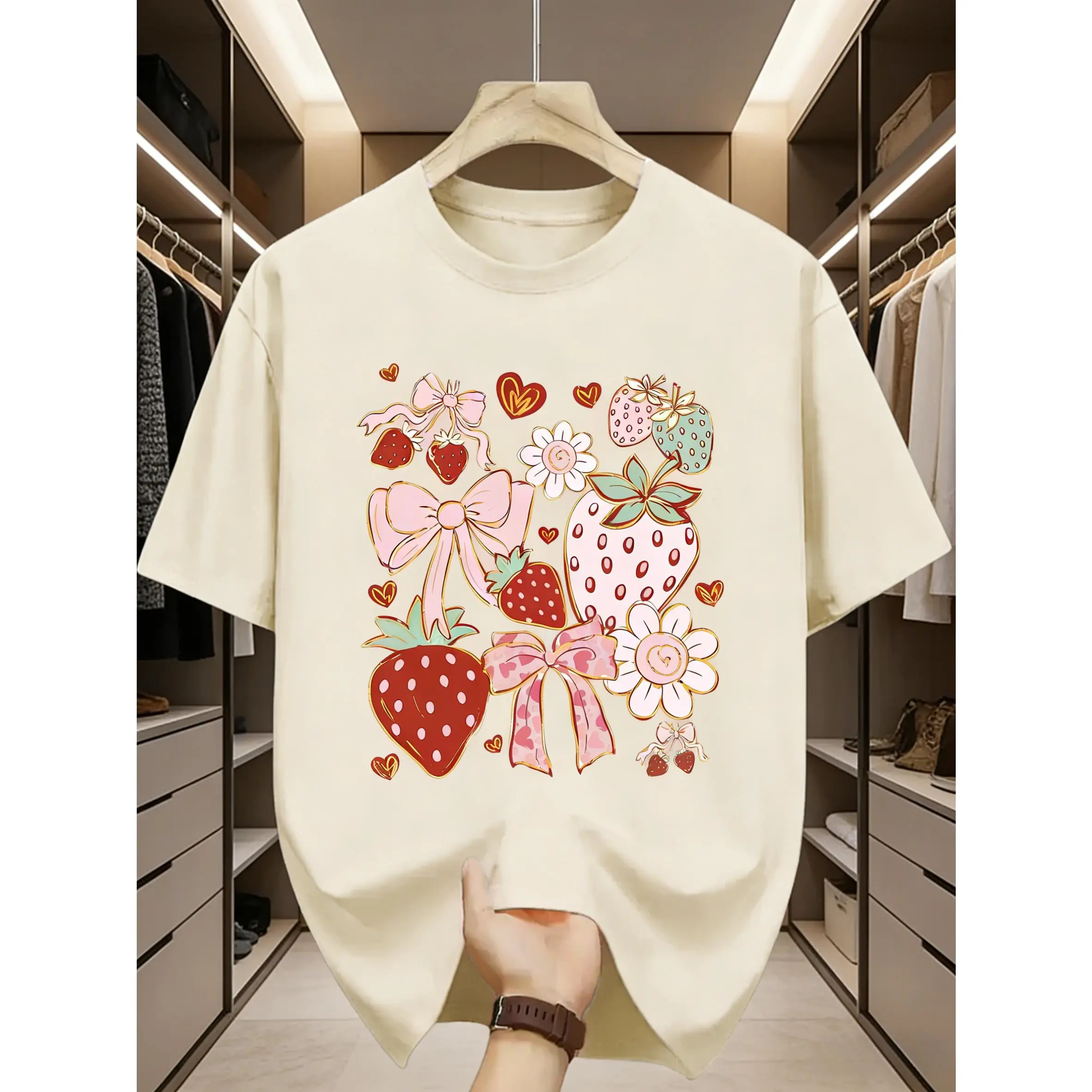 Women's 100% Pure Cotton Smooth Fabric Short Sleeve T-shirt - Strawberry Floral Bow Graphic Print, Unisex Fit, Cute Fresh Style, Suitable for Daily Casual Summer Wear, Ideal for Sweetness-Loving Women