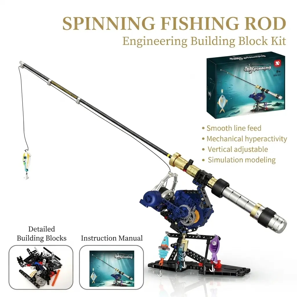 Spinning & Baitcasting Fishing Rod Building Blocks Toy, Mechanical Simulation Fishing Pole Model with Reel, Desktop Decompression Ornament, Cool Birthday Gift for Men Adults Boys