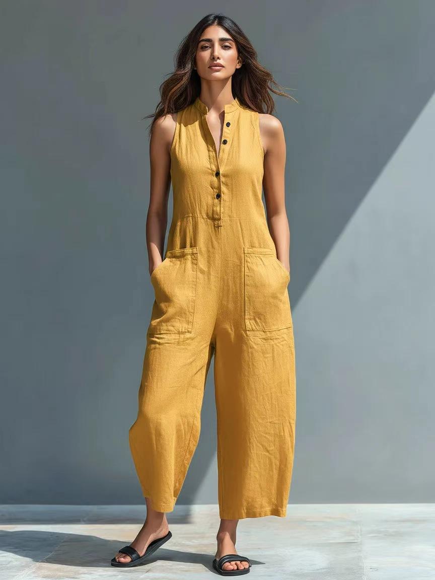 Women's Jumpsuit, Sleeveless Wide-Leg Utility Romper, V-Neck Button Front with Pockets, Casual Summer Vacation Outfit