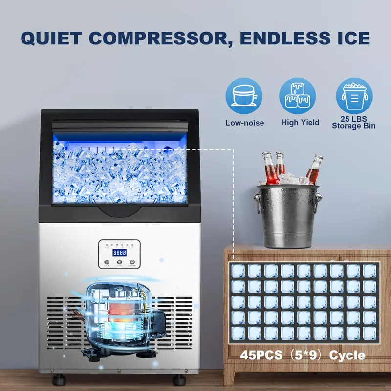 Commercial Undercounter Ice Maker 110LB 24HR Heavy Duty Self Cleaning 25LB Bin Fast 45 Cubes Stainless Steel CIM40-FT