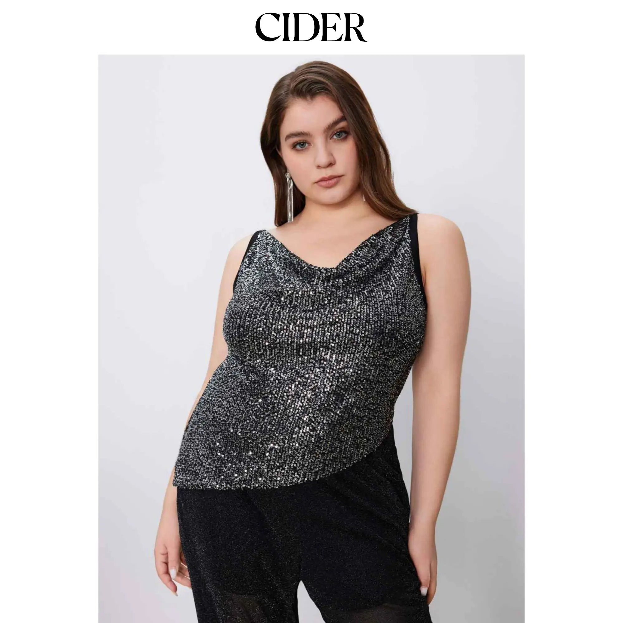 Cider [size 2-26] Sequin Cowl Neck Asymmetrical Hem Cami Top Curve & Plus