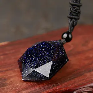 Crystal Hexagram Pendant Necklace,  Blue Goldstone Sandstone Crystal Pendant Necklace, Adjustable Pendant Necklace for Women Men, Gift for Women men