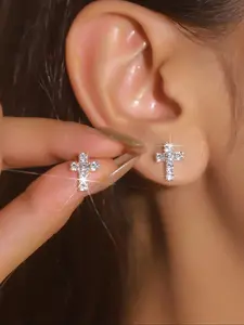 Rhinestone Decorated Cross Design Stud Earrings, Elegant Cubic Zirconia Jewelry for Party, Daily Clothing Decor, Trendy All-match & Exquisite Jewelry for Birthday Gift, Girl Accessories, Studded Cross Earrings