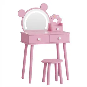 Kids Vanity Set with Lighted Bear-Shaped Mirror – Wooden Makeup Desk and Stool, Princess Pretend Play Dressing Table for Girls Bedroom, Multiple Colors (White/Purple/Pink)