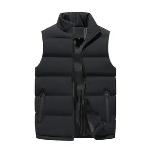 Men's Plain Pocket Zipper Stand Collar Vest Puffer Coat, Casual Slim Thermal Lined Black Gilet Outerwear For Fall & Winter, Men's Tops Clothes For Daily Wear