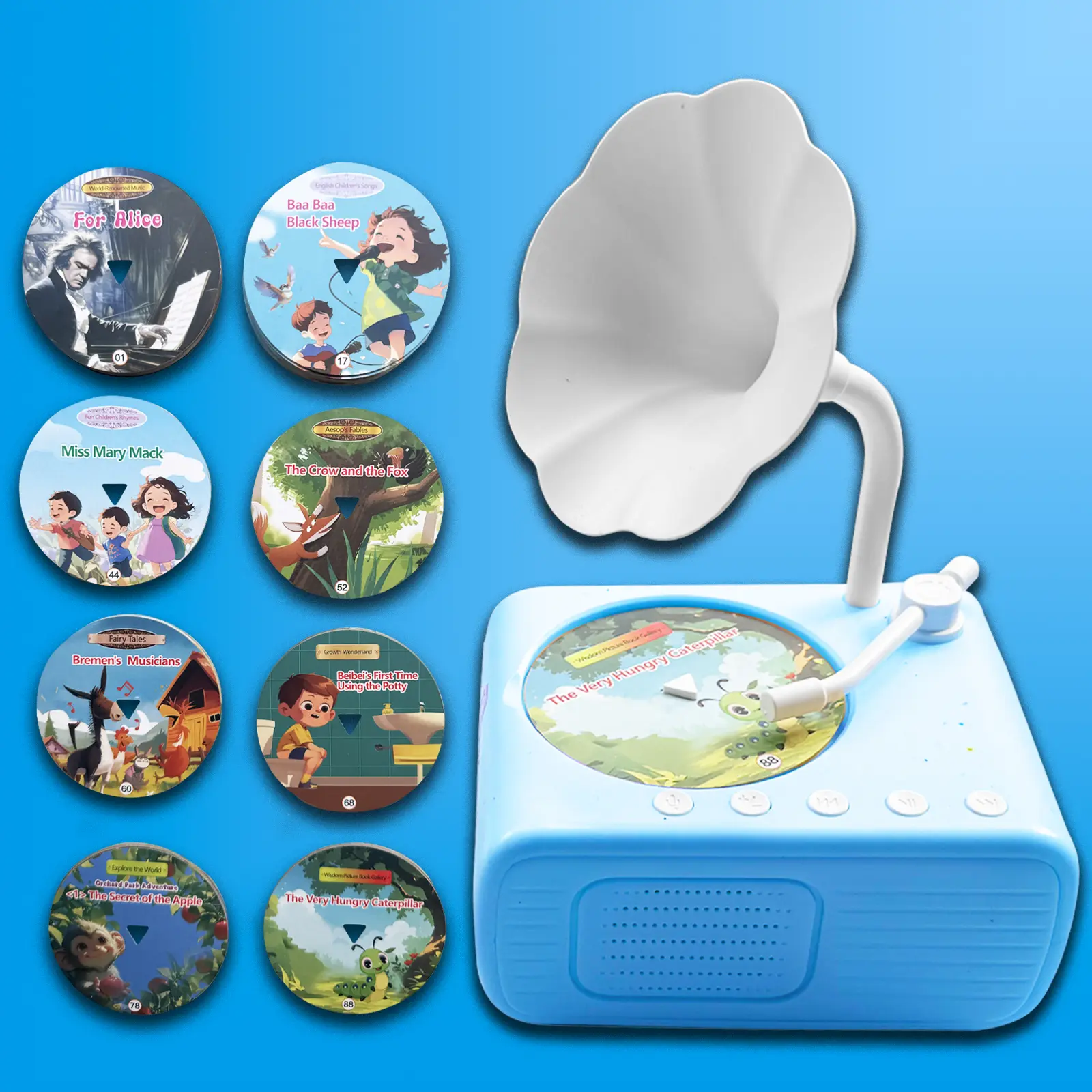 Kids Music Record Player with Speakers - 104 Flash Cards, 96 Audio Tracks, 8 Recordable DIY Discs, Bluetooth Story Music Speaker Dream Machine, 300mAh Battery, Vintage Phonograph, Retro Gifts for Toddlers (Blue)