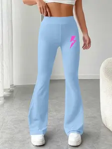 Star Graphic Printed Spring Autumn Women's Fashion Casual Lightweight Slim Light Fit Flare Leg Pants, High Waist Elastic Waist Long Regular Trousers Bottom