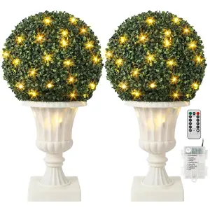 GARVEE 2pcs Artificial Boxwood Topiary Balls, 16" Faux Plant Topiary with Lights, Decorative Front Door Plants with Light Base for Outdoor Balcony, Backyard, and Home Decor