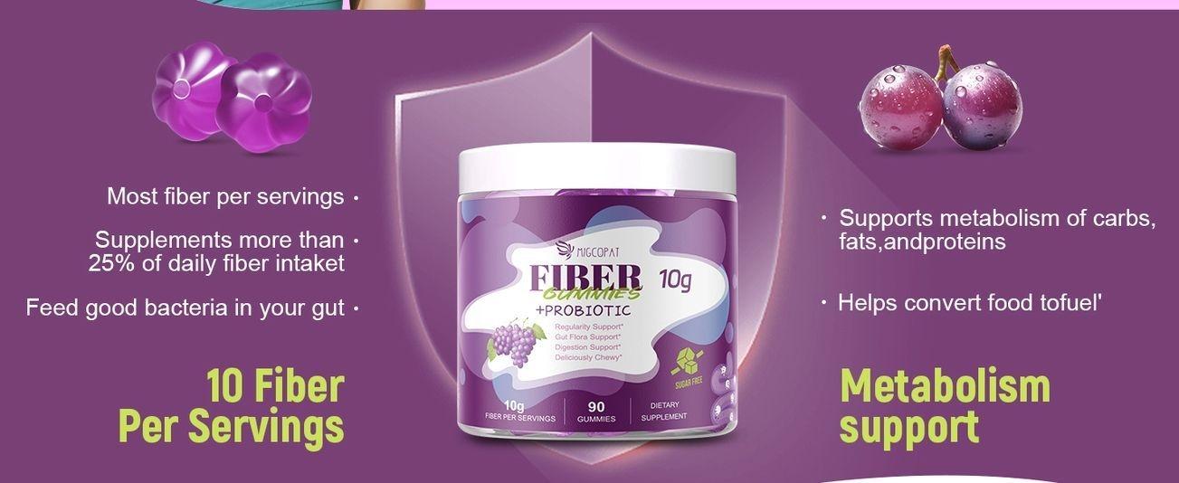 Migcopat 10G Fiber Gummies for Adults, No Sugar Added Grape Flavor, Fiber Supplement with 30 Billion CFU Probiotics Blend, ACV, Vitamin C, Inulin, Support Digestive Health, 90 Count