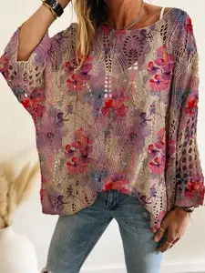Spring Summer Women's Knit Top, One Shoulder Hollow Out Batwing Sleeve, Colorblock Floral Print, Casual Elegant Commuter Wear