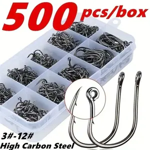 500PCS!! Strong Carbon Steel Fishing Hooks with Portable Plastic Box, 10 Sizes Sharp Circle Single Hook with Barb, ReeMoo Premium Fishing Accessories
