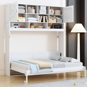 White Queen Size Murphy Bed with Diamond Stripes - Ample Built-In Storage Space, Sturdy Fold-Down Structure with Safety Lock, Space-Saving Solution for Studio Apartment Home Office Guest Room Small Space