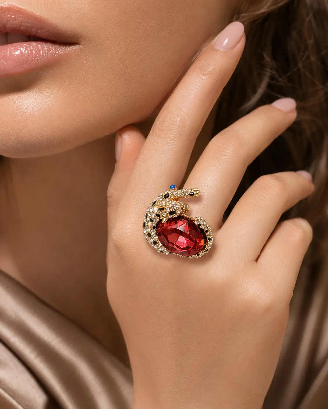 Red Crystal Leopard Ring, Fashion Animal Statement Ring for Women