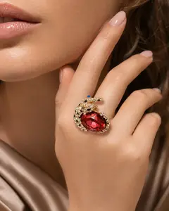 Red Crystal Leopard Ring, Fashion Animal Statement Ring for Women