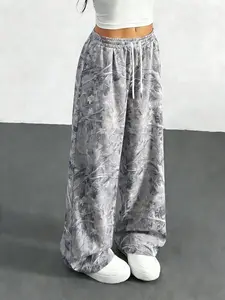 Women's Vintage Street Style Camo Knit Loose Sports Pants, Drawstring Waist, Summer Branch Print, Casual Wide Leg, All Seasons, Camo Sweatpants